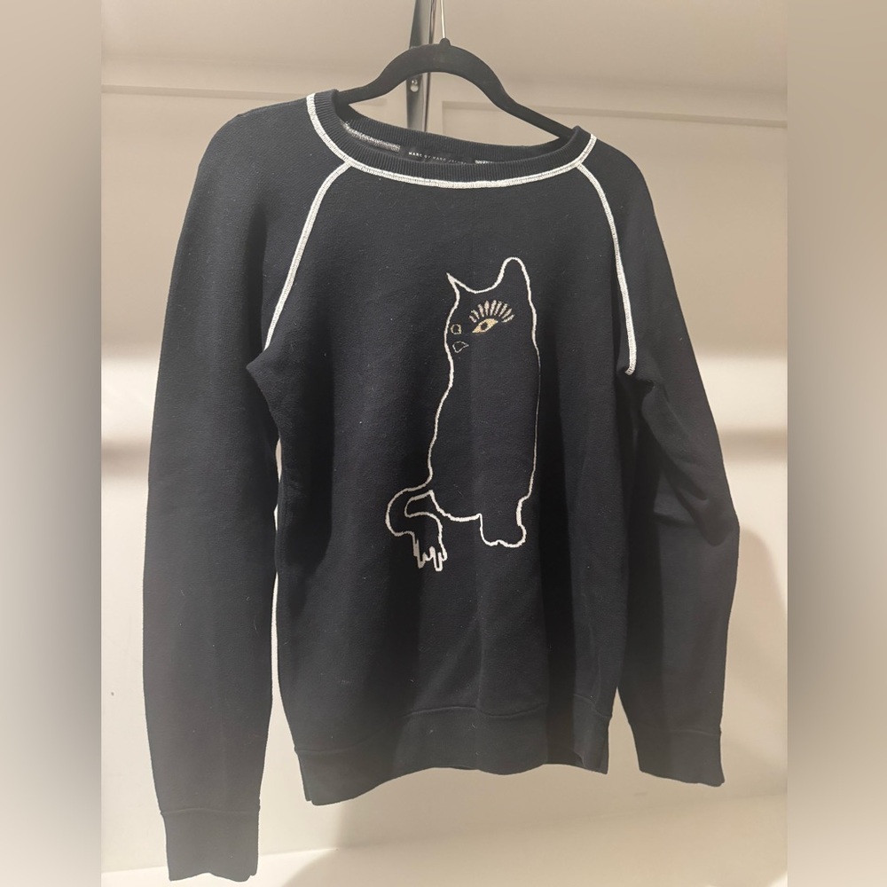 Marc By Marc Jacobs Black Crewneck Sweater with White Cat Outline